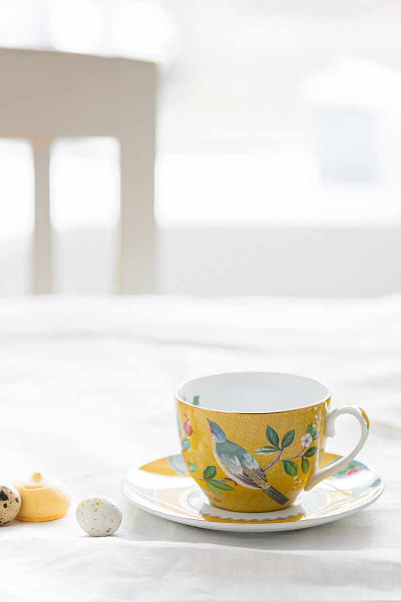 Blushing Birds Cappuccino Tasse & Untertasse Gelb