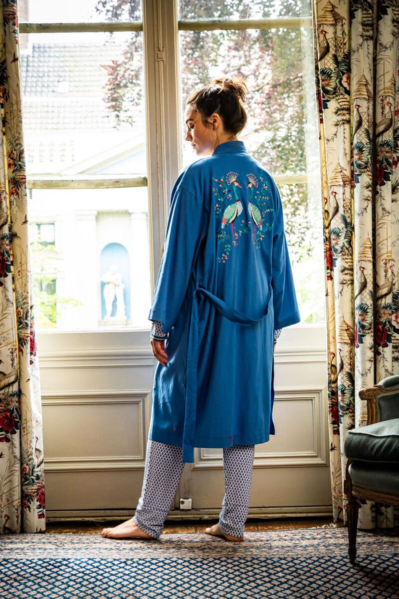 Kimono Flirting Birds Embroidery Blauw Plus Size