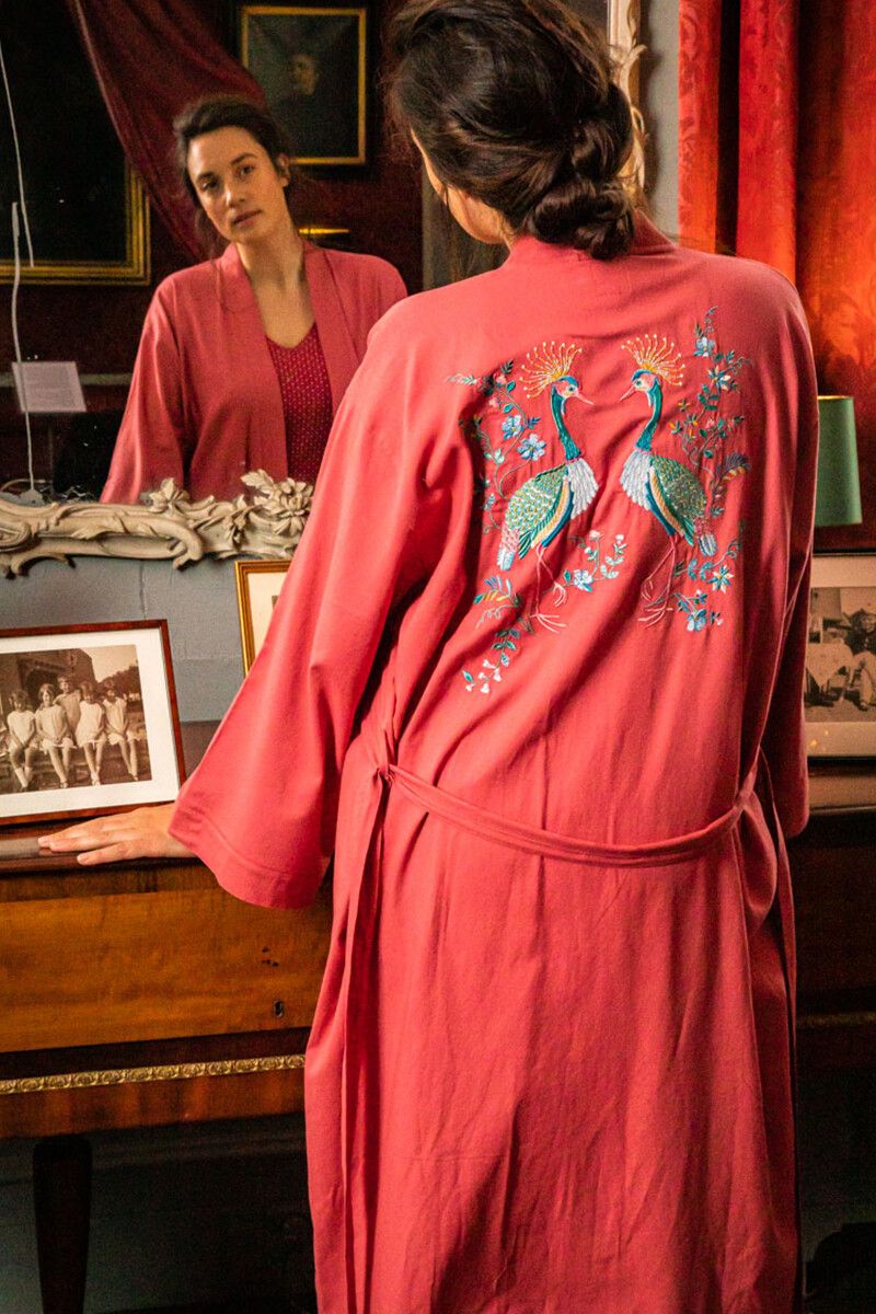 Kimono Flirting Birds Embroidery Roze Plus Size
