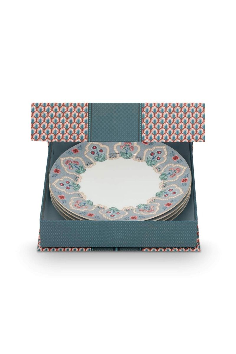 Lot de 4 Articles Assiettes Petit-Déjeuner Flower Festival Bleu Clair 21cm