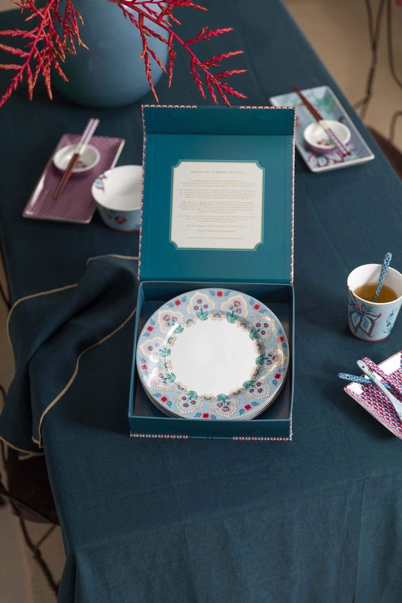 Lot de 4 Articles Assiettes Petit-Déjeuner Flower Festival Bleu Clair 21cm
