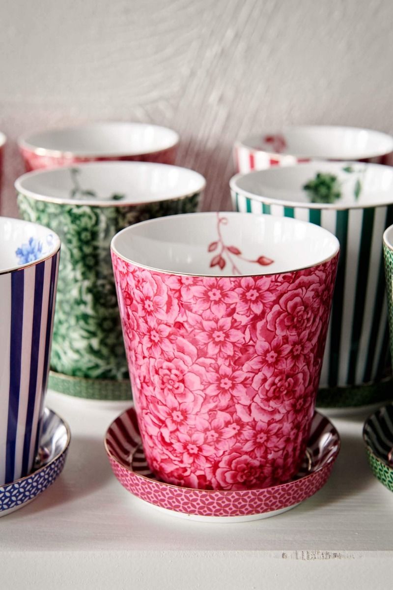 Royal Stripes Tasse Blumen & Teebeutelablage Dunkelrosa