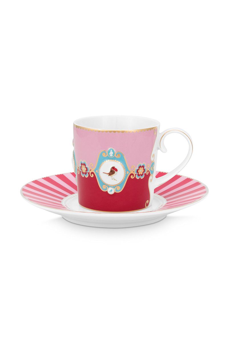 Tasse et Soucoupe à Médaillon Love Birds en Coloris Rouge/Rose