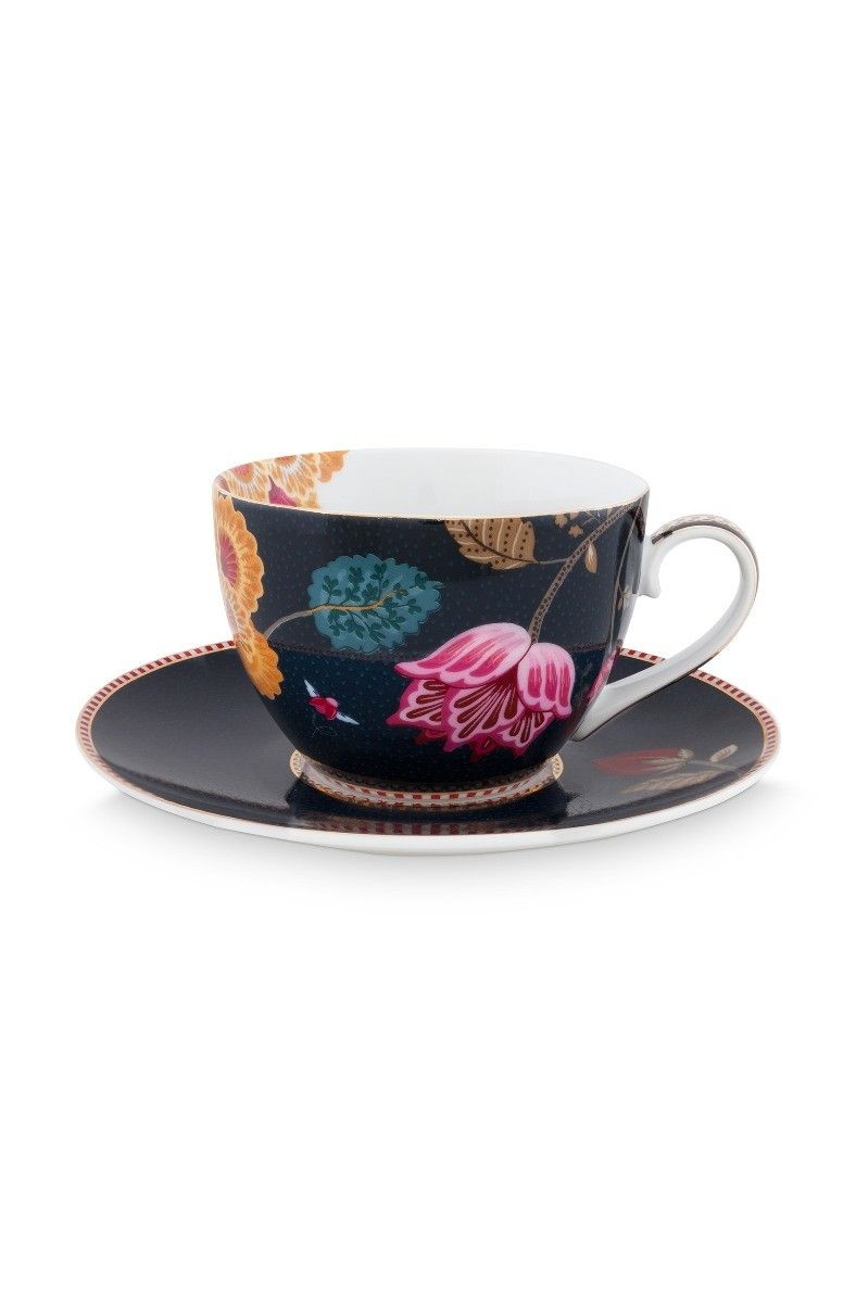 Floral Fantasy Cappuccino Cup & Saucer Denim Blue
