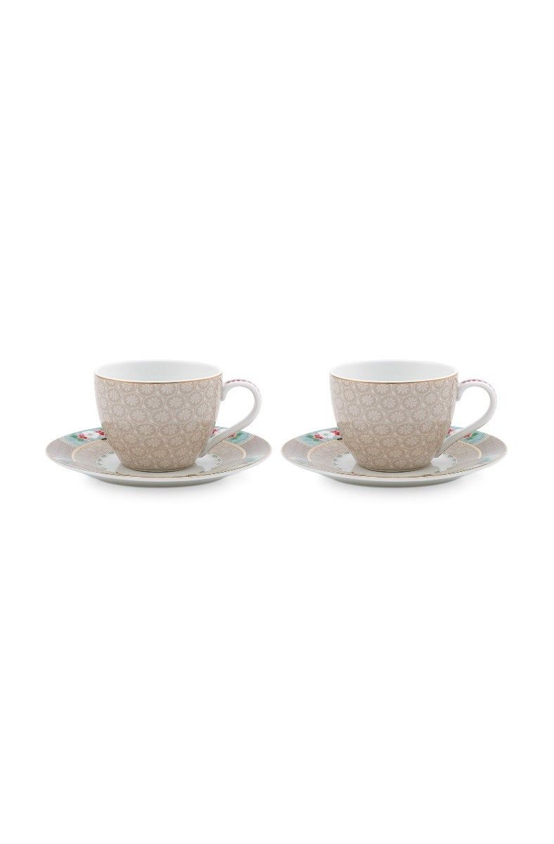 Blushing Birds Set of 2 Espresso Cups & Saucers Khaki