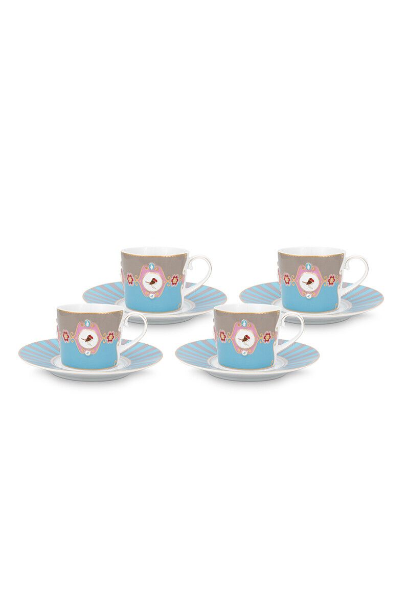 Love Birds Set/4 Tasse & Untertasse Blau/Khaki
