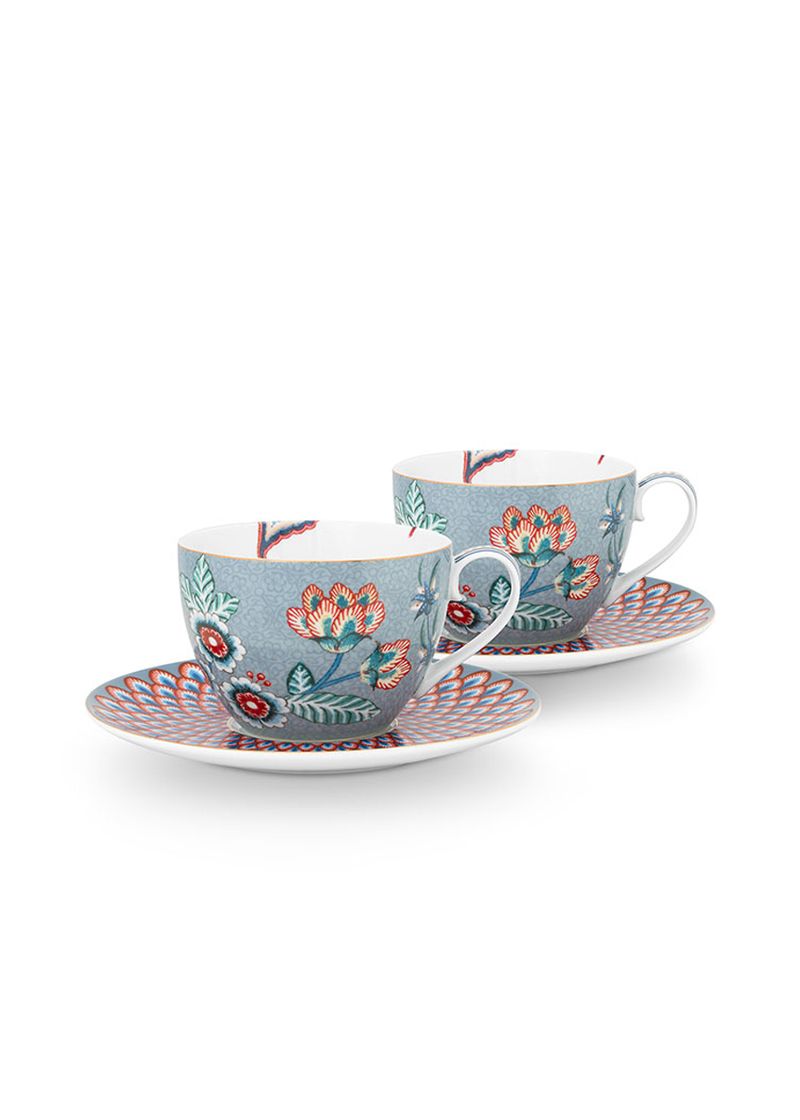 Flower Festival Set/2 Cappuccino Cup & Saucer Light Blue