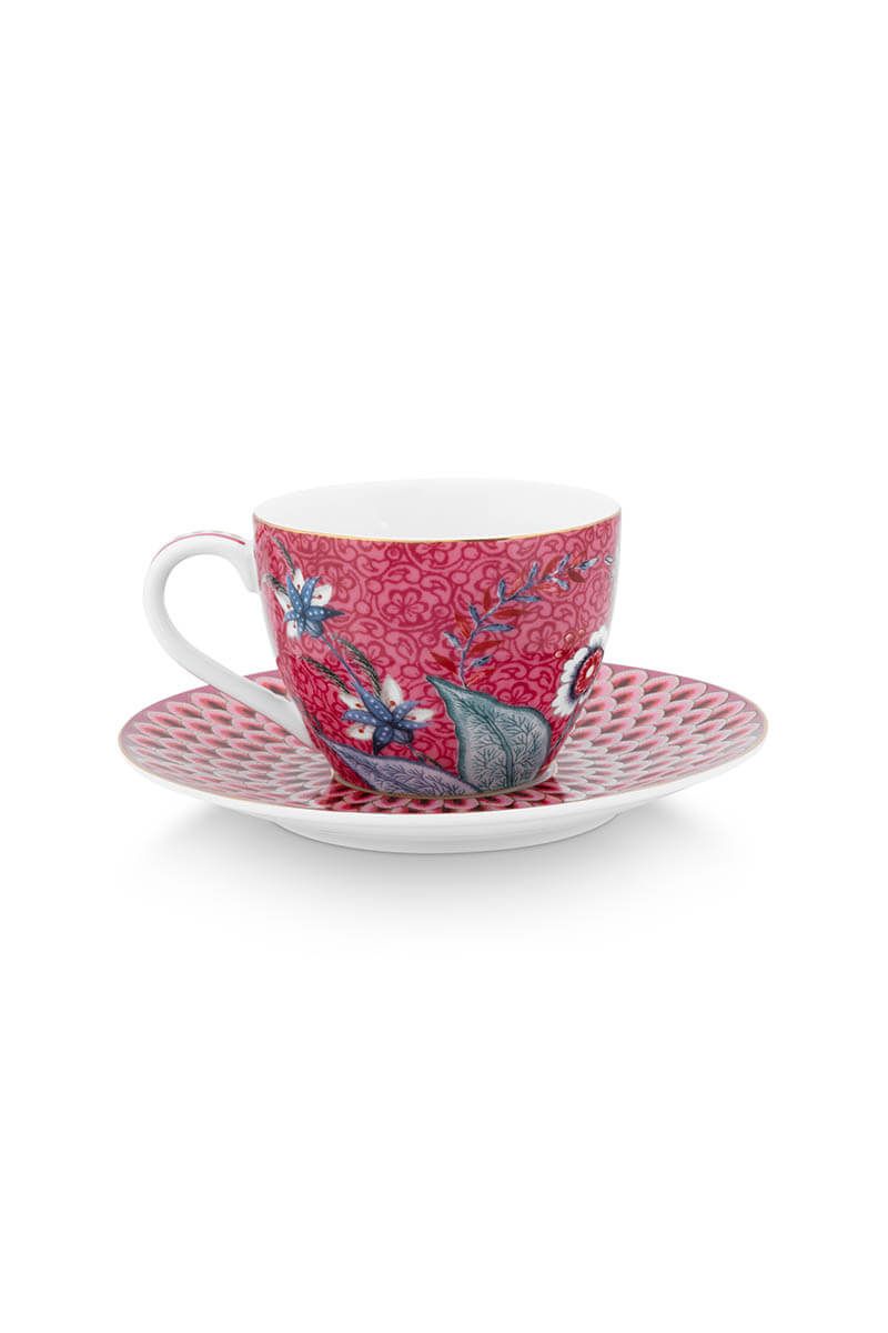 Flower Festival Set/2 Espresso Cups & Saucers Dark Pink