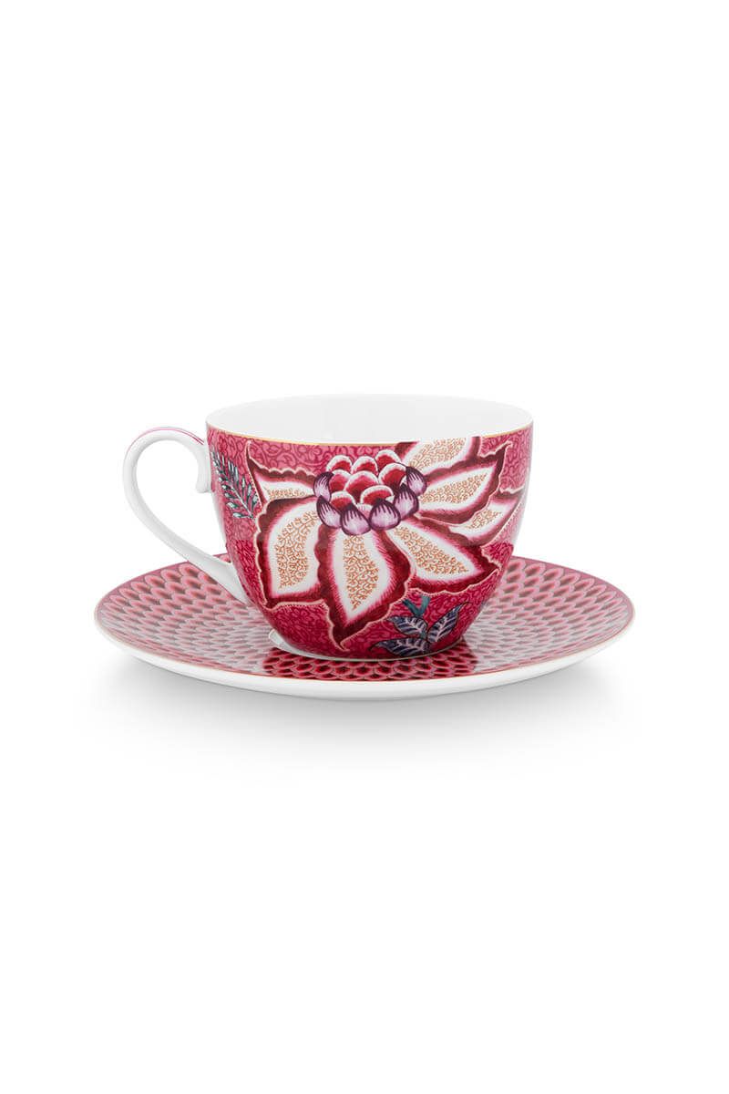 Flower Festival Set/2 Cappuccino Cup & Saucer Dark Pink