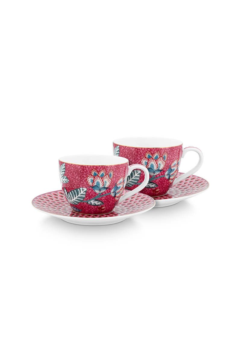 Flower Festival Set/2 Espresso Cups & Saucers Dark Pink