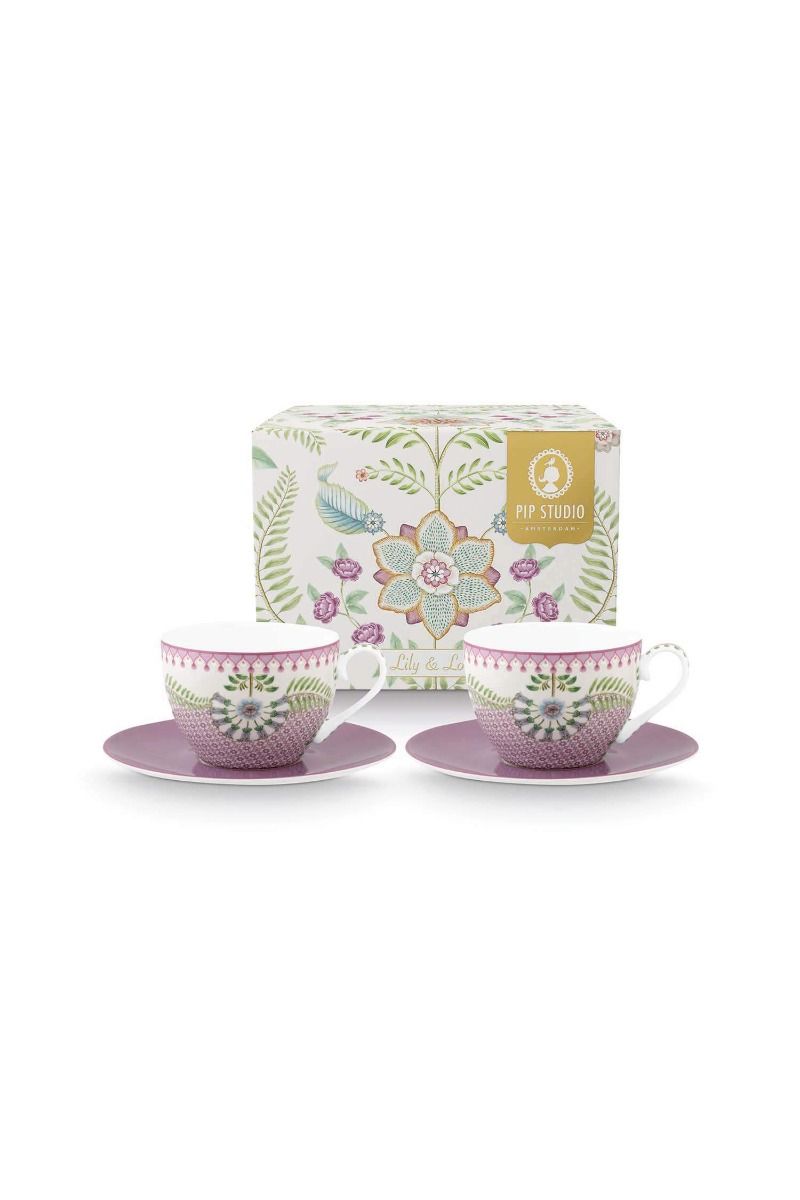 Lily & Lotus Lot de 2 Tasses et Soucoupes à Cappuccino Lilas