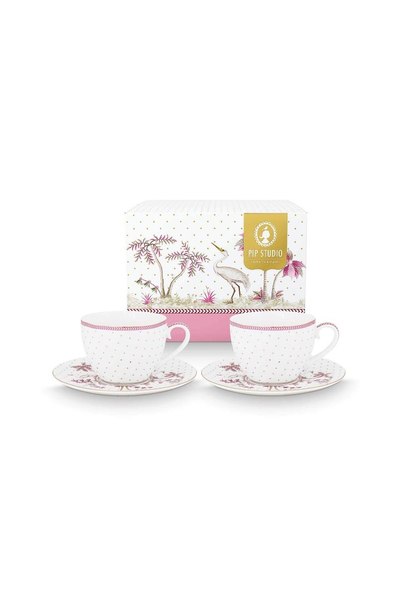 Set/2 Tassen & Untertassen Jolie Punkte Gold Rosa