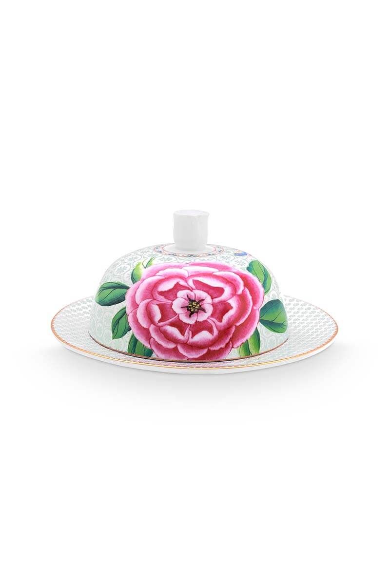 Blushing Birds Butter Dish Round White