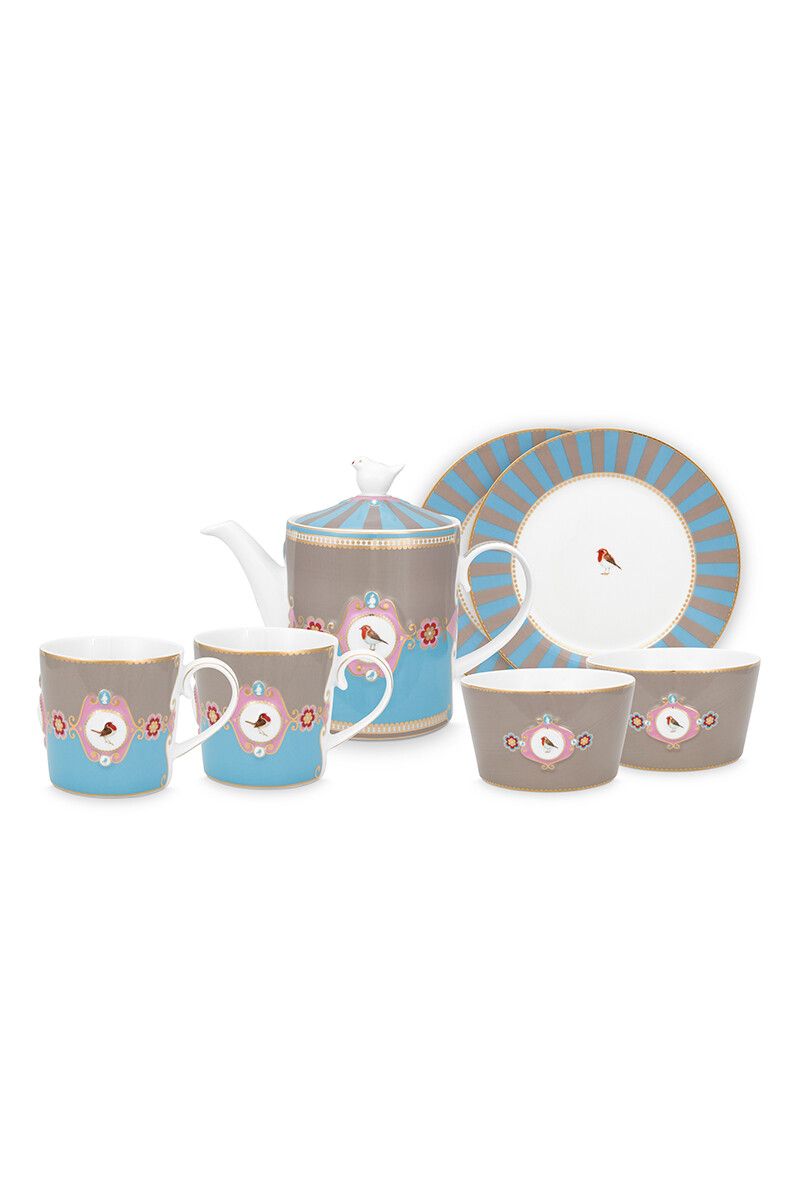 Love Birds Frühstück Set/7 Blau/Khaki
