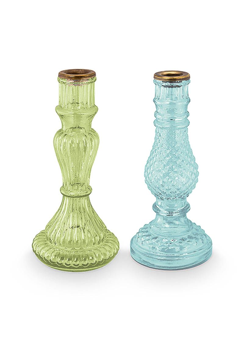 Set/2 Candle Holders Glass Blue