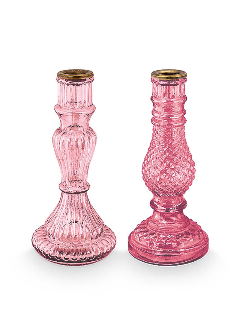 Set/2 Candle Holders Glass Pink