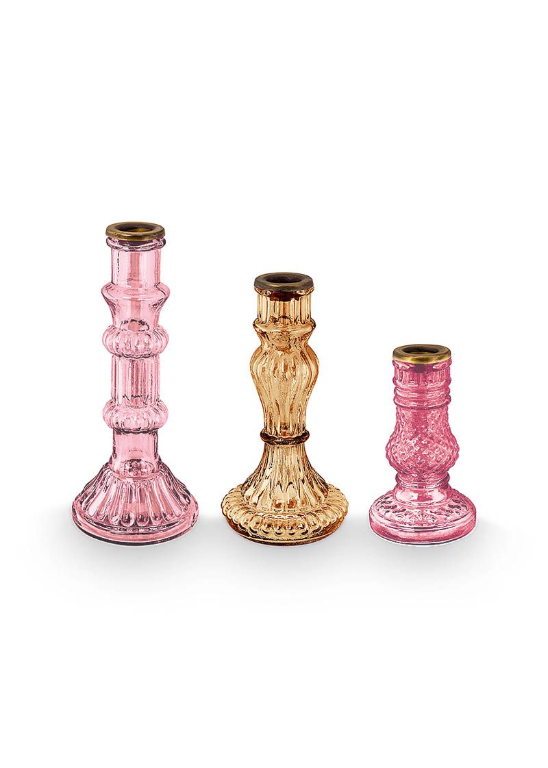 Set/3 Candle Holders Glass Pink