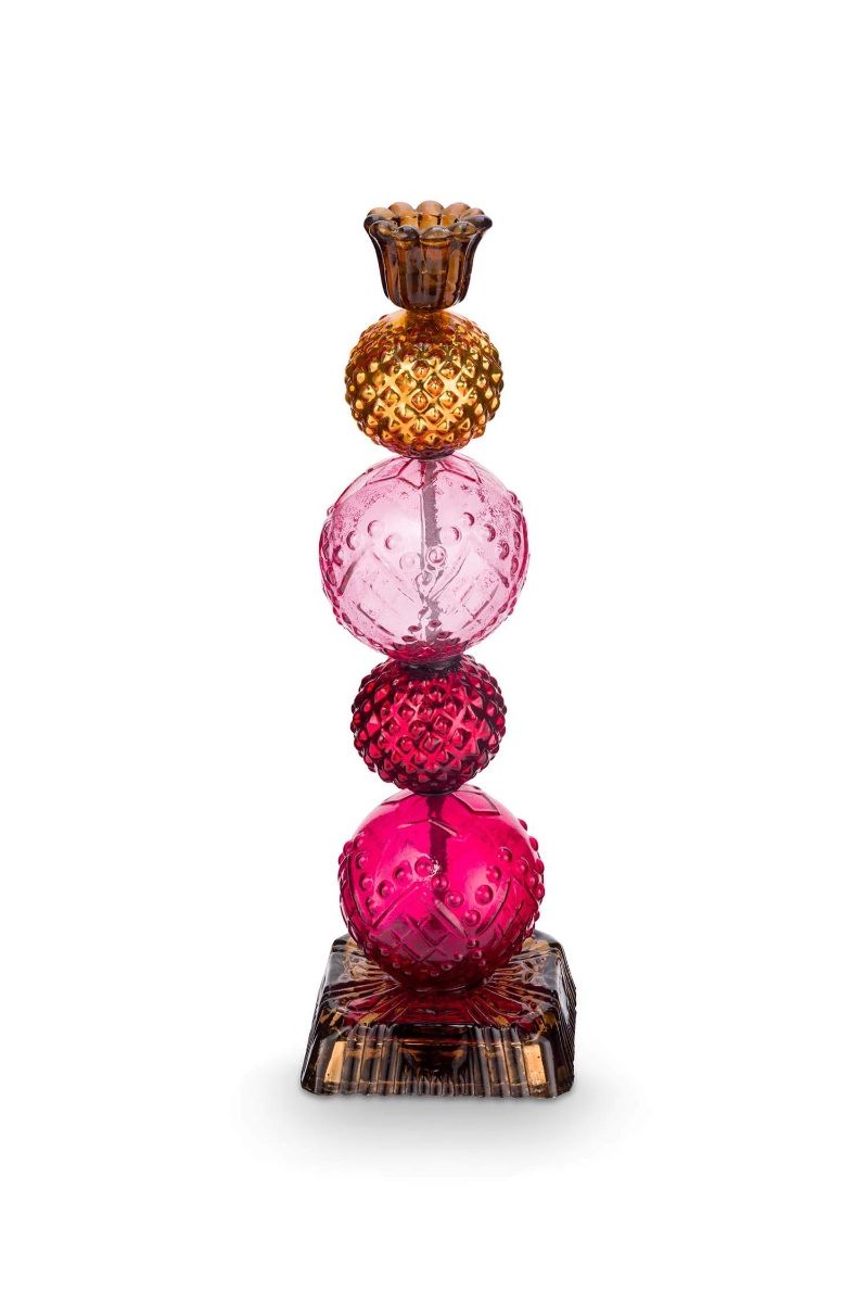 Bougeoir en Verre Bead Rouge/Jaune 30cm