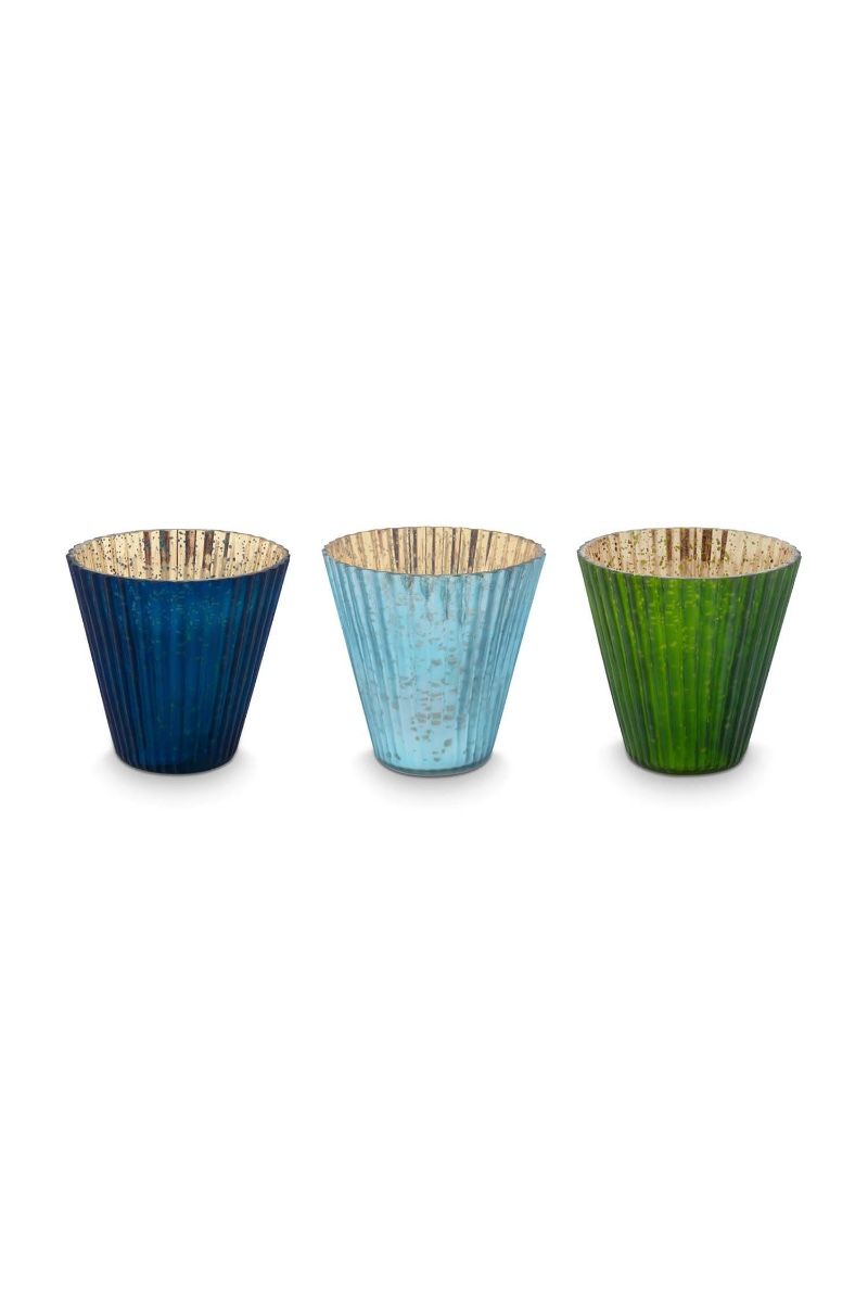 Set/3 Porte/Bougie Verre Bleu 10cm 