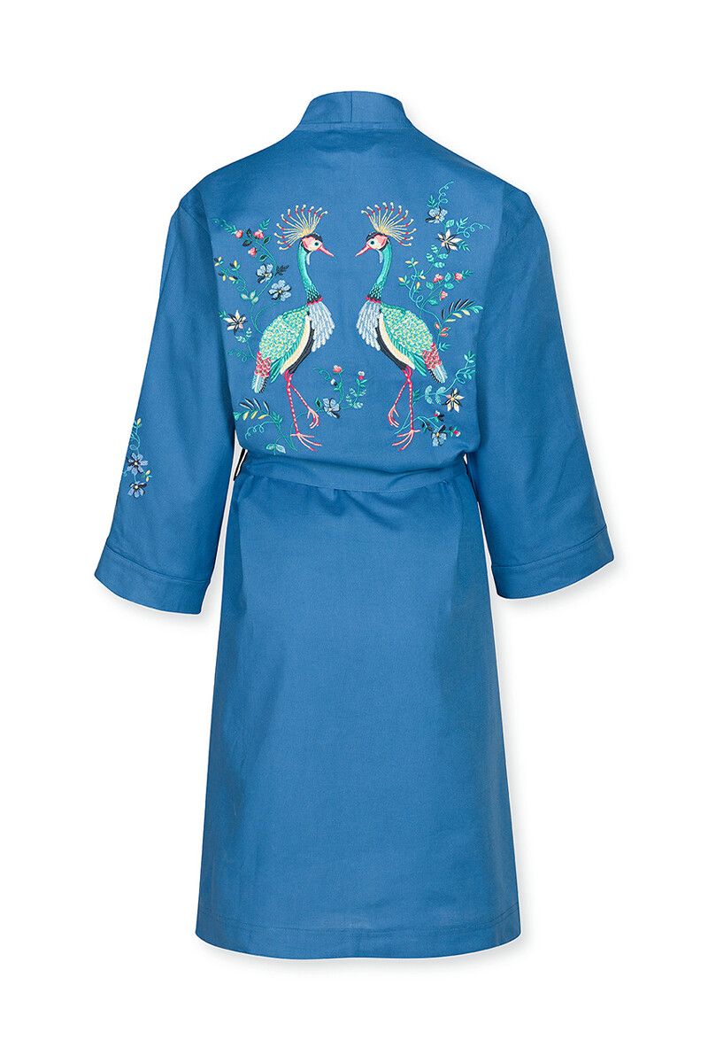 Kimono Flirting Birds Embroidery Blauw Plus Size