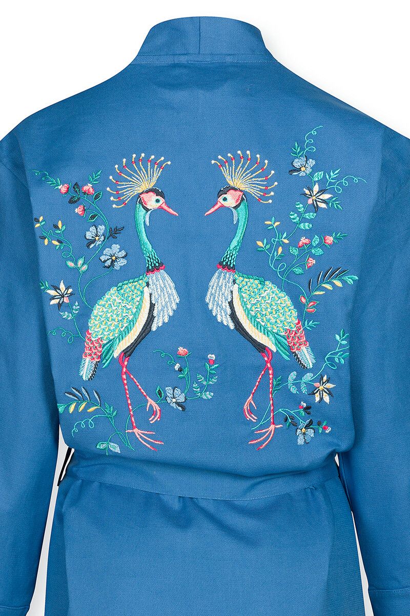 Kimono Flirting Birds Embroidery Blauw Plus Size