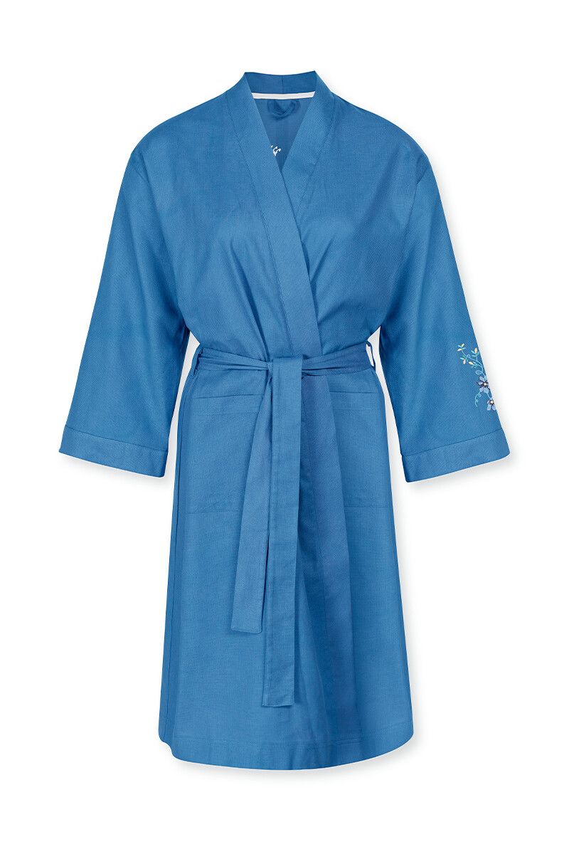 Kimono Flirting Birds Embroidery Blauw Plus Size
