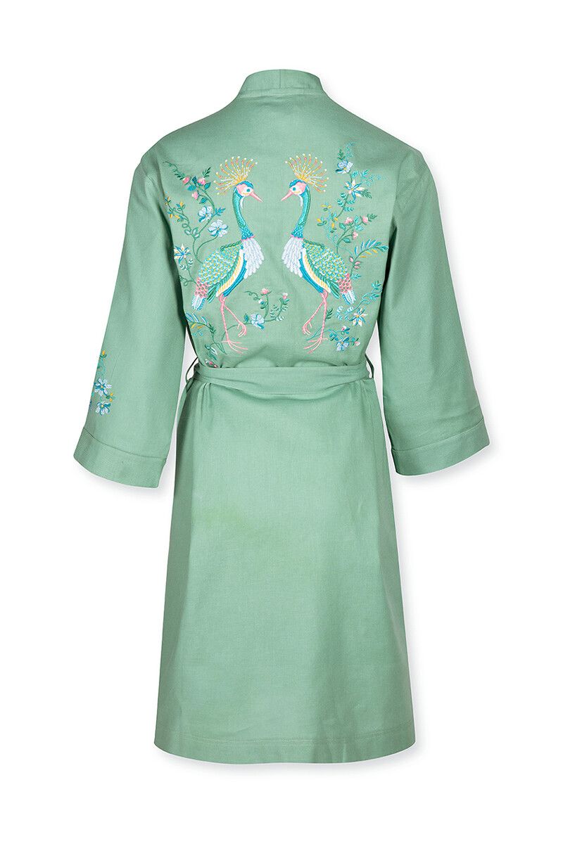 Kimono Flirting Birds Embroidery Green