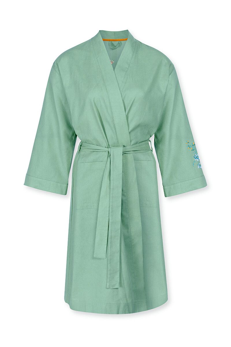 Kimono Flirting Birds Embroidery Green