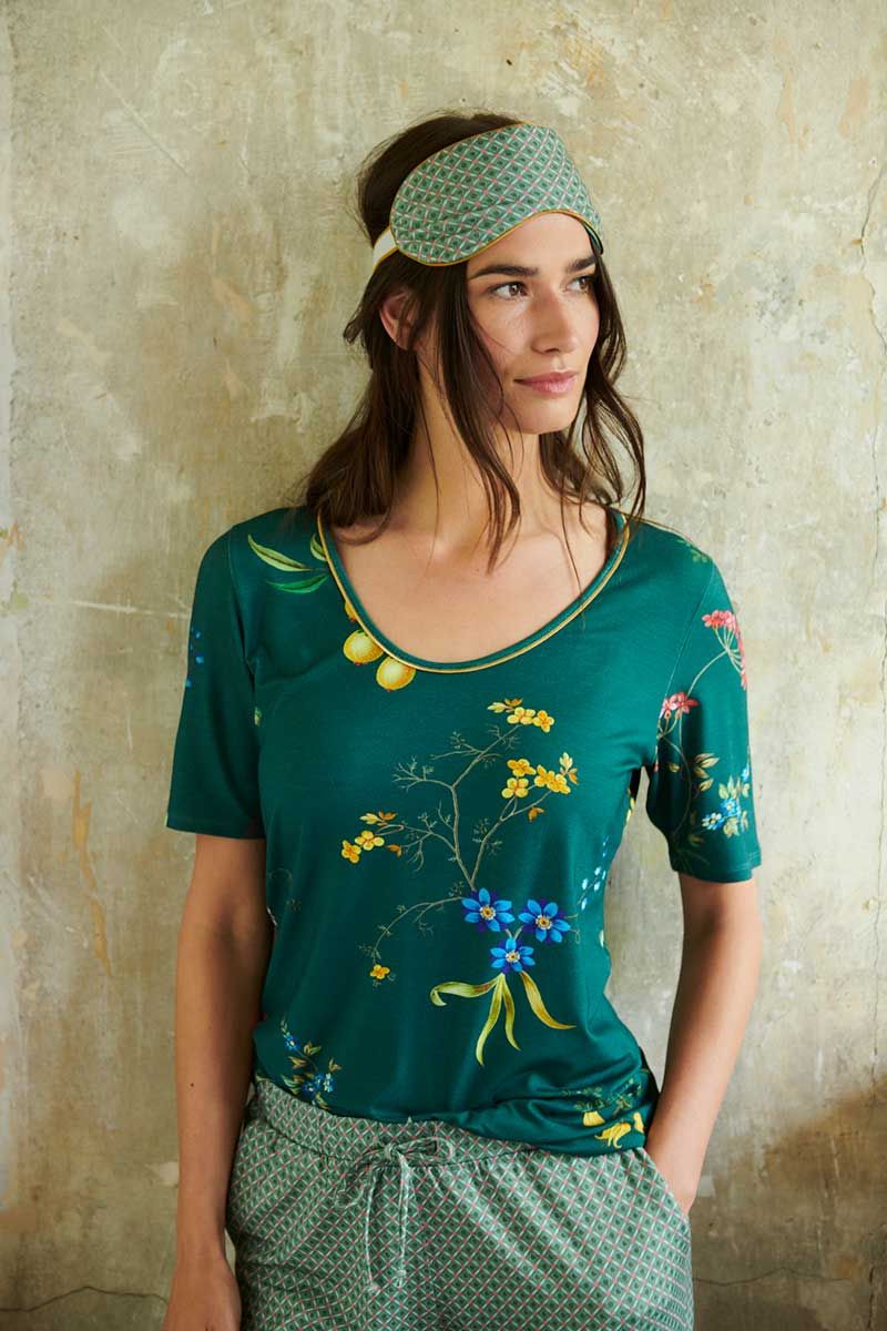 Top Korte Mouw V-hals Fleur Grandeur Groen