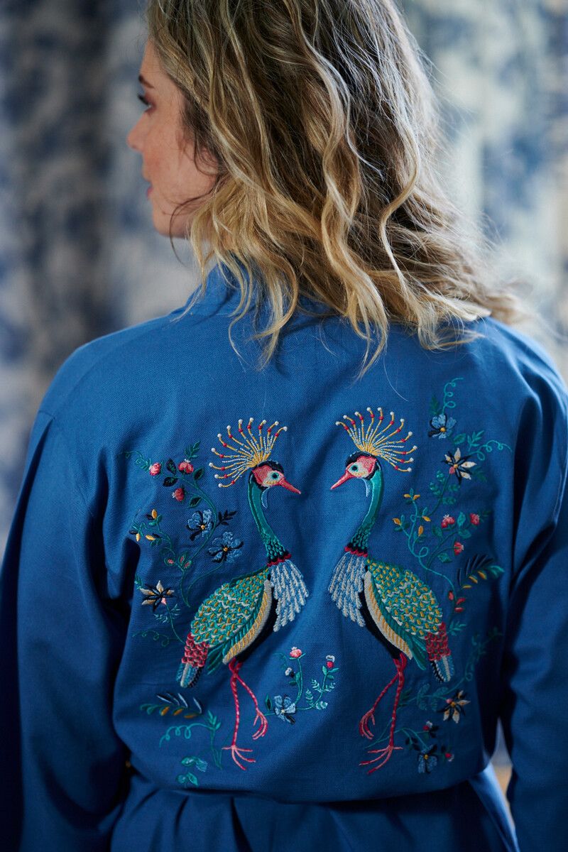 Kimono Flirting Birds Embroidery Blue