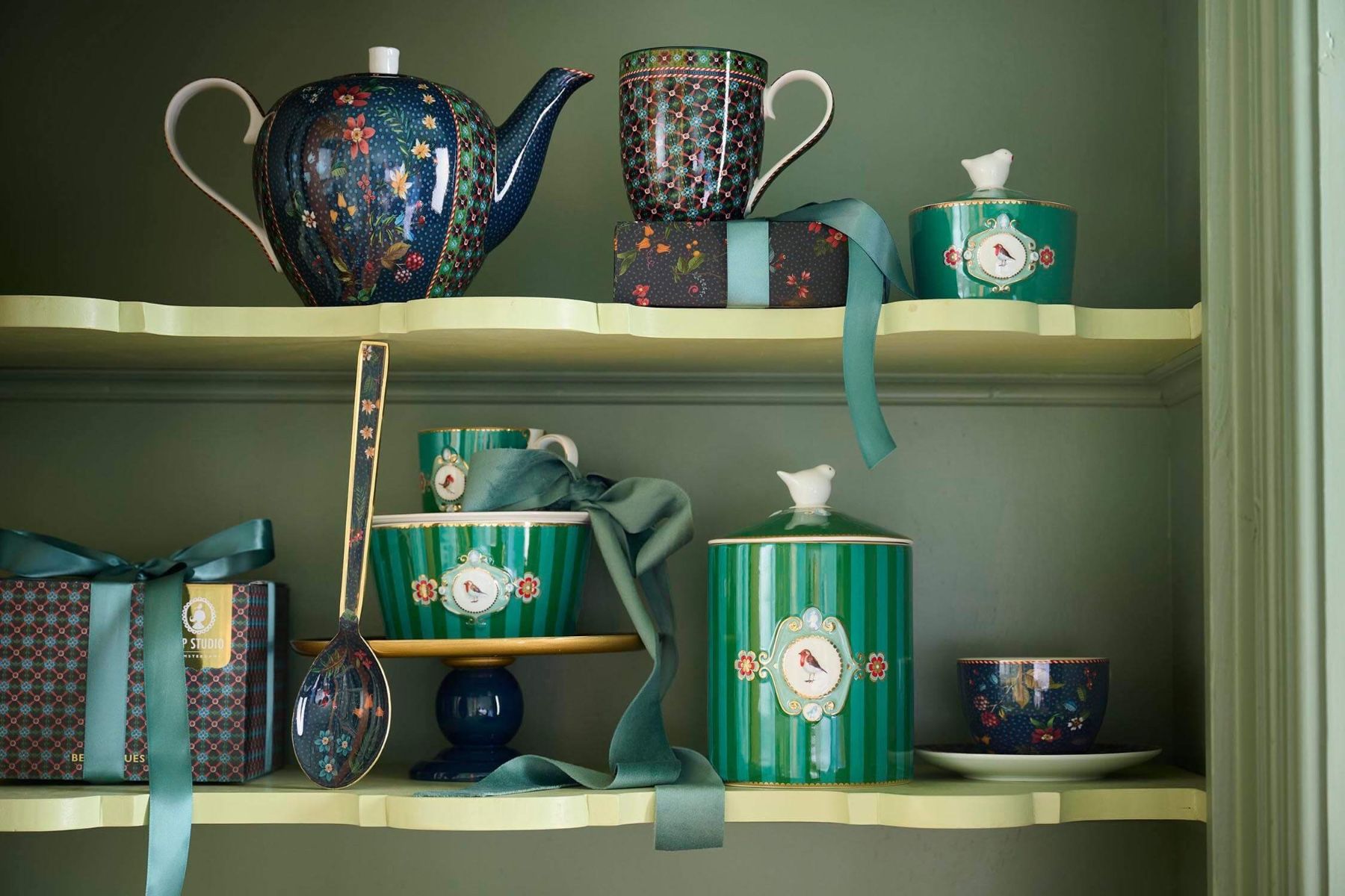 Pot de Stockage Love Birds Medallion Rayures Émeraude/Vert