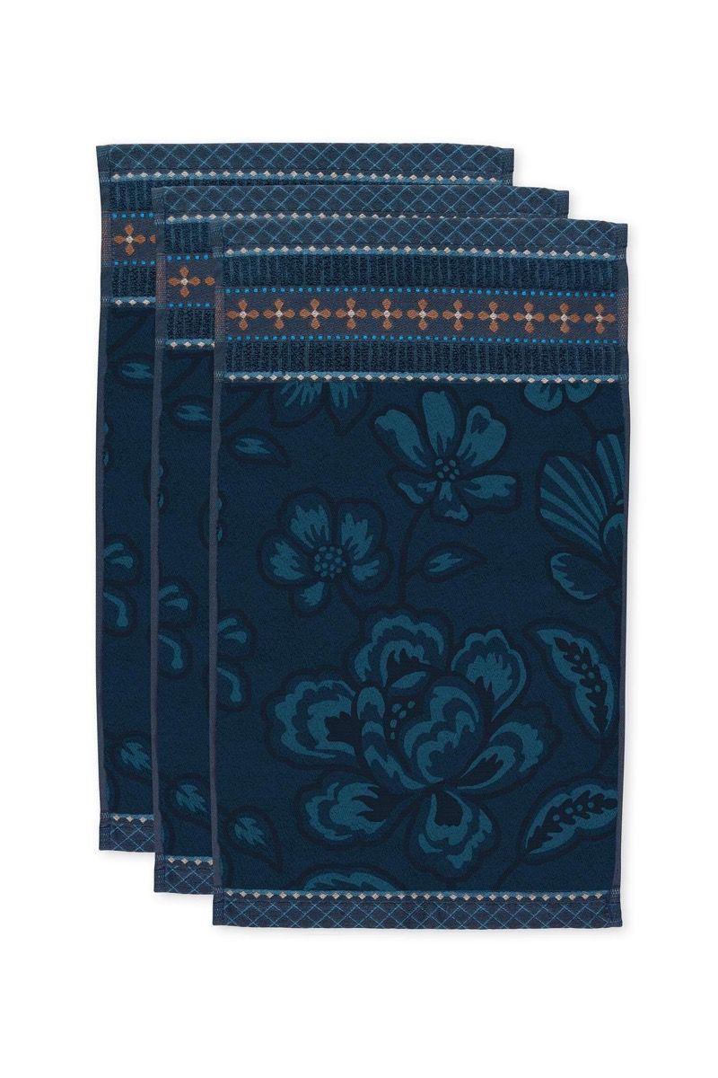Lot de 3 Serviettes Invité Jasmin Jacquard Bleu Foncé 30x50cm