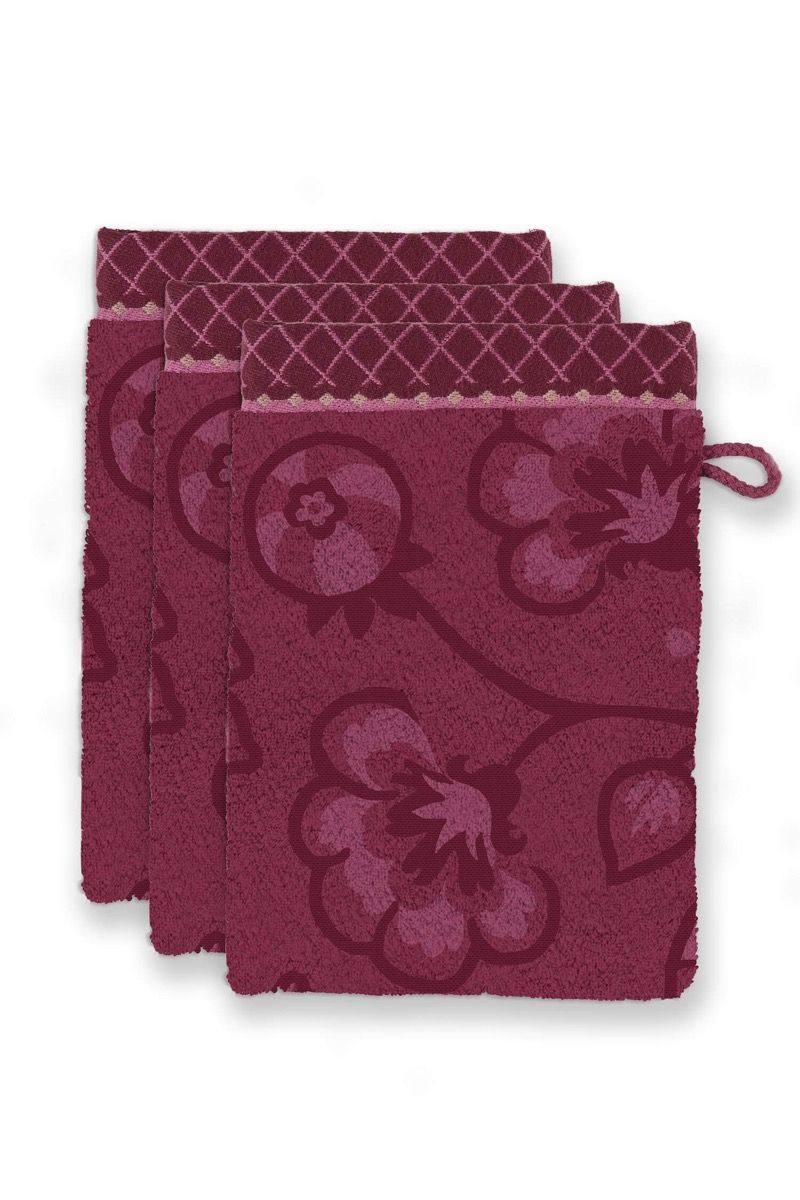 Lot de 3 Gants de Toilette Jasmin Jacquard Rose Foncé 16x22cm