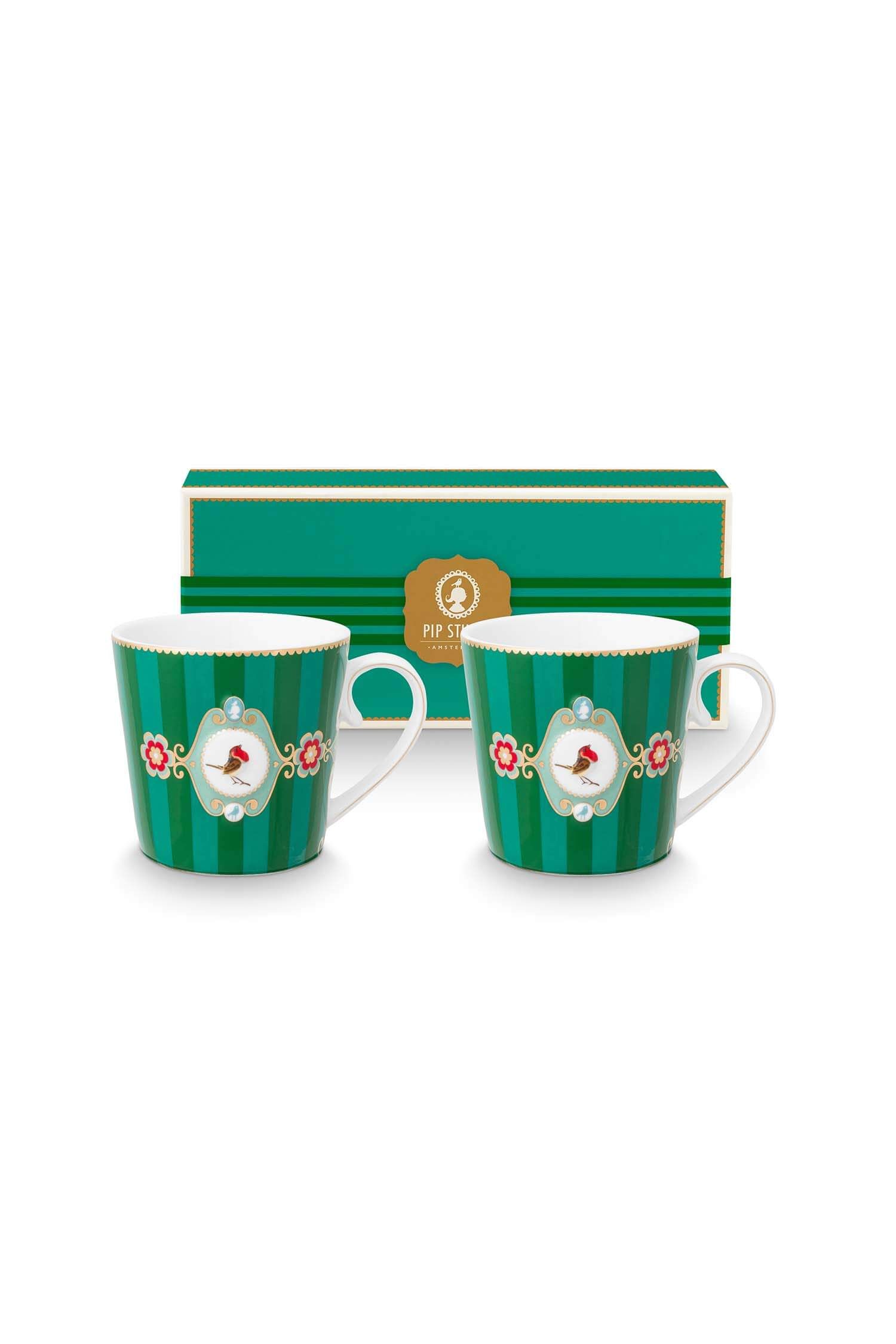 Set/2 Tasses Grande Love Birds Medallion Rayures Emerald-Vert