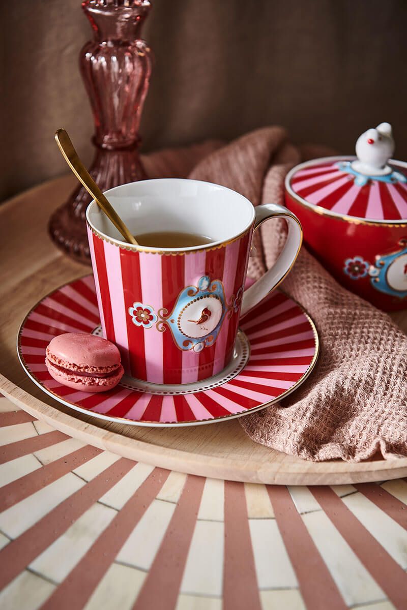 Set/2 Tassen Groß Love Birds Medallion Streifen Rot-Rosa