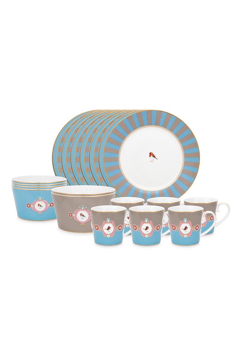 Love Birds Dinner Set/24 Blue/Khaki