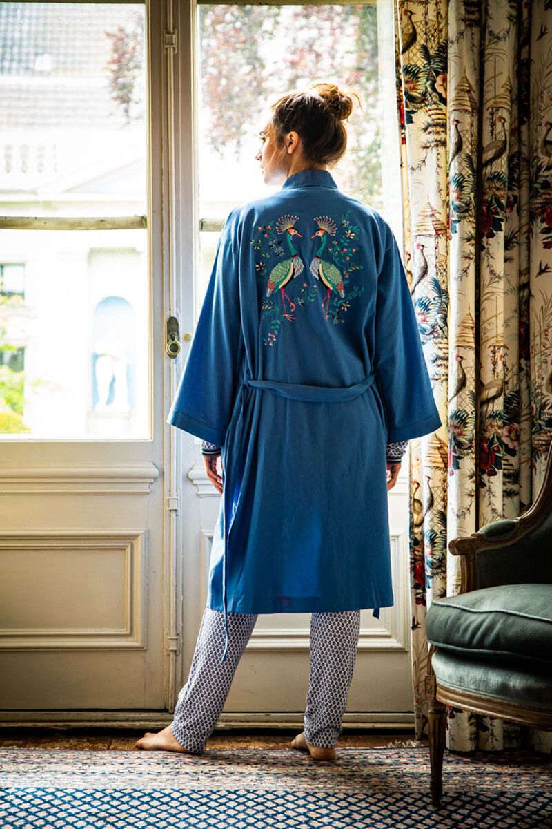 Kimono Flirting Birds Embroidery Blauw Plus Size