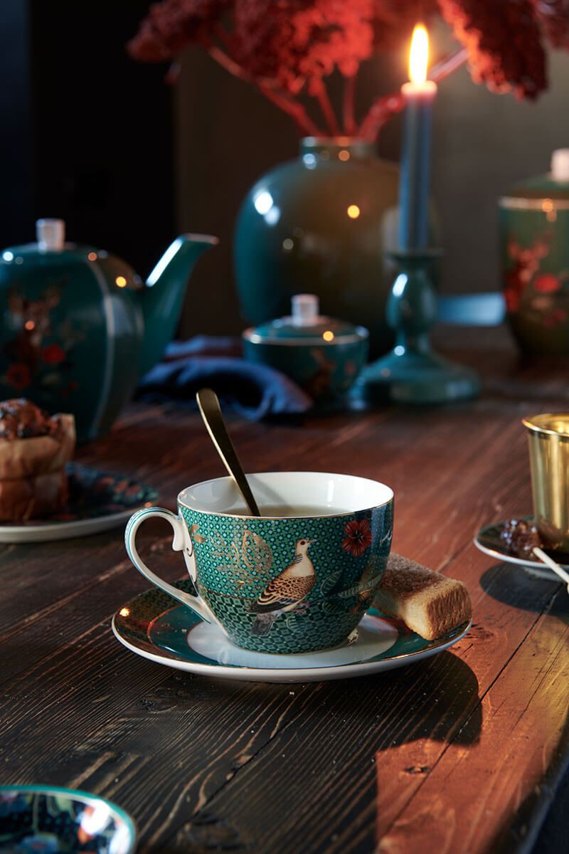 Winter Wonderland Set/2 Cappuccino Cups & Saucers Green