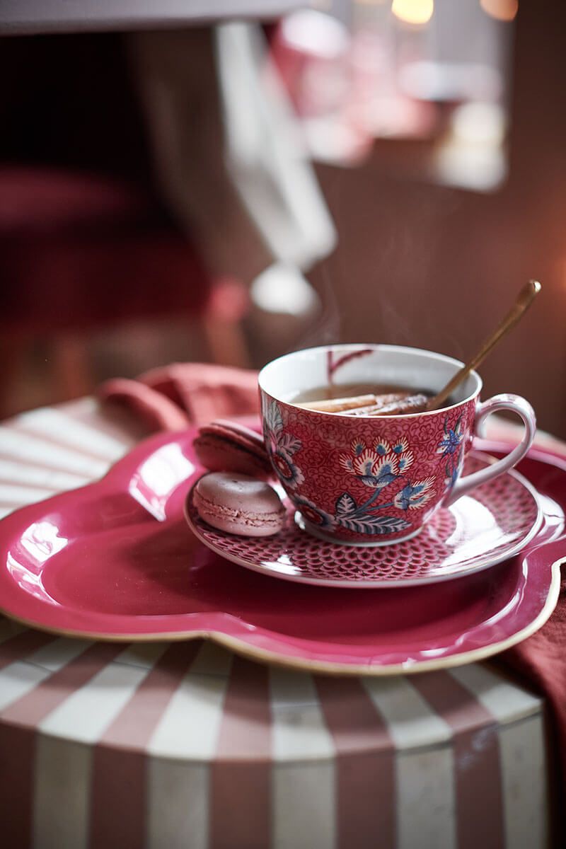 Flower Festival Set/2 Espresso Cups & Saucers Dark Pink