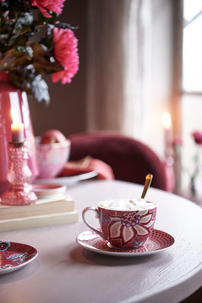 Flower Festival Set/2 Cappuccino Cup & Saucer Dark Pink