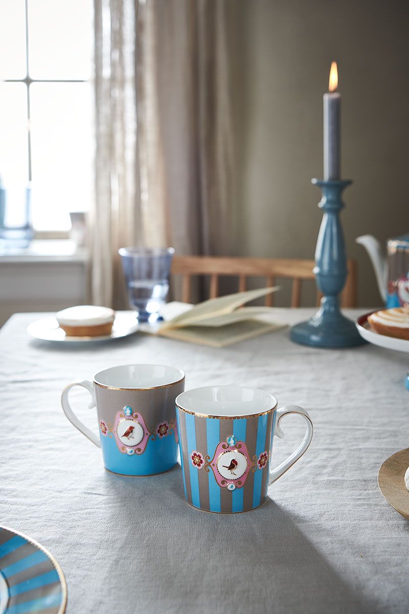 Love Birds Set/4 Mugs Large Blue/Khaki