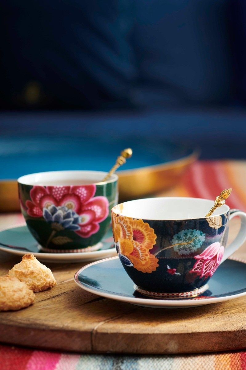 Floral Fantasy Cappuccino Cup & Saucer Denim Blue