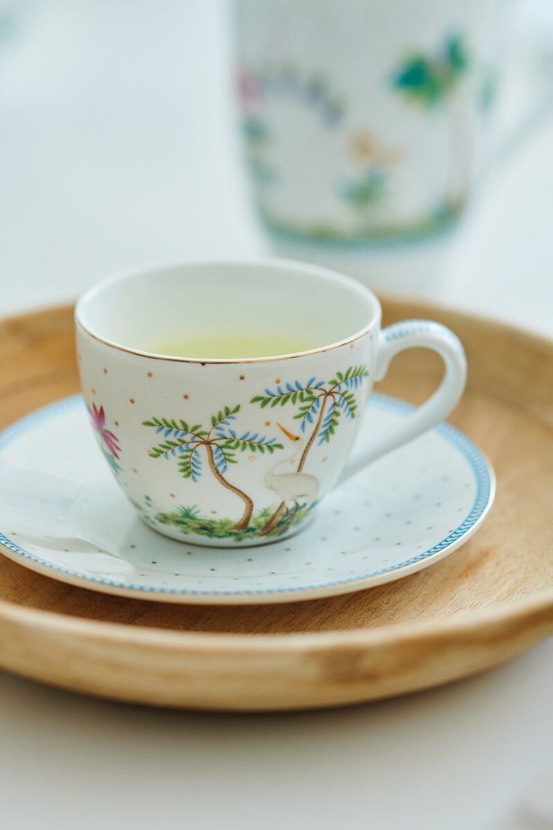 Set/2 Espresso Cups & Saucers Jolie Dots Gold Blue