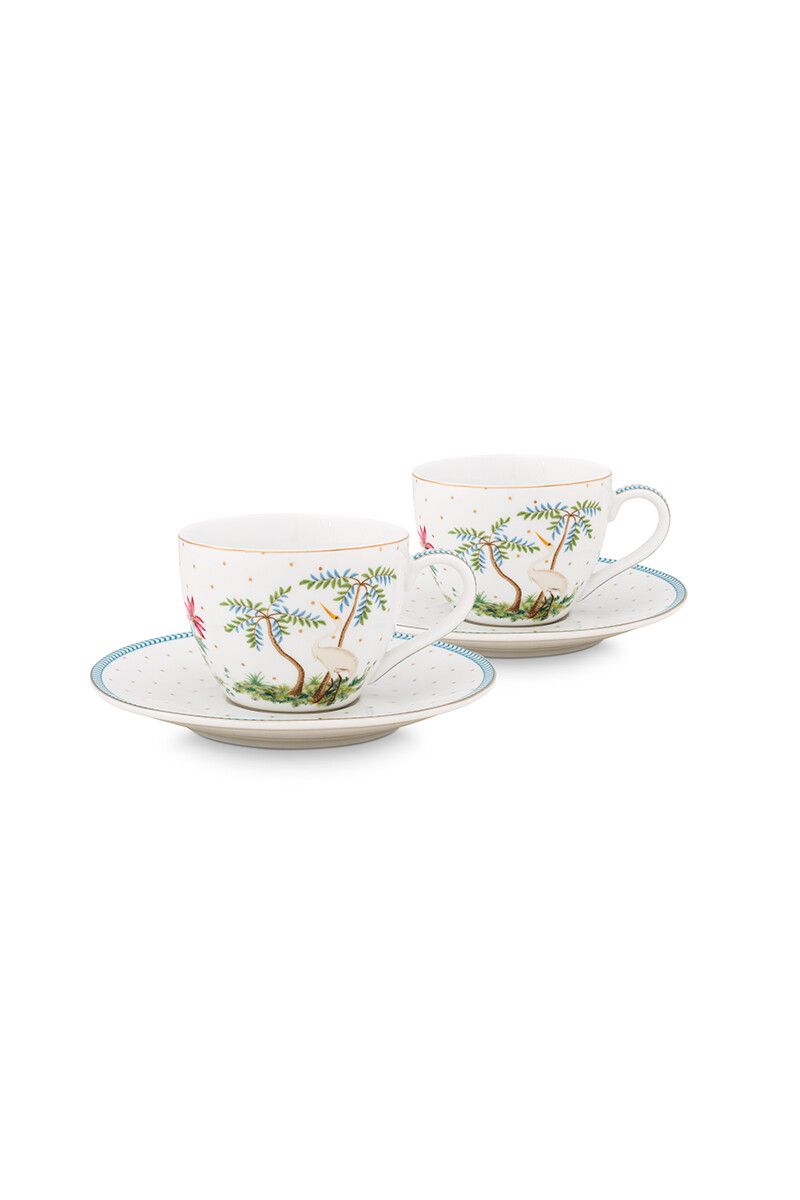 Set/2 Espresso Cups & Saucers Jolie Dots Gold Blue