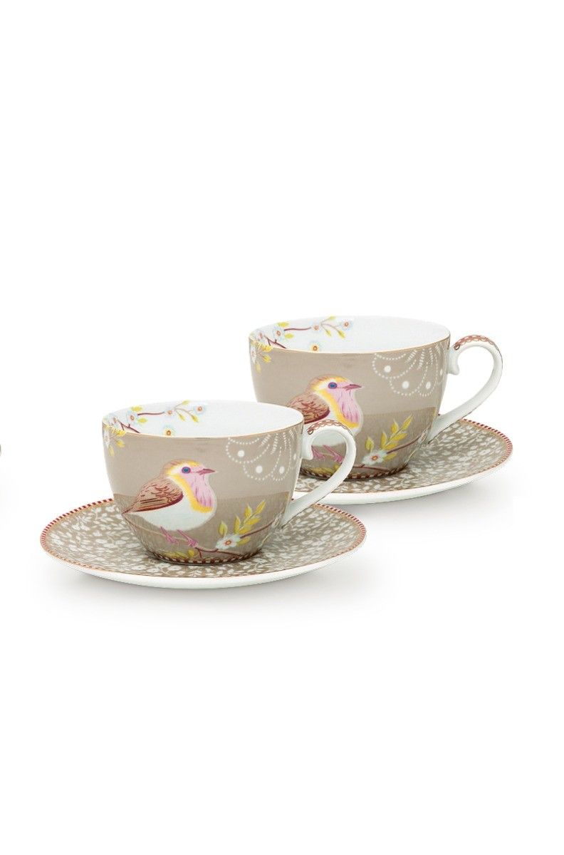 Early Bird Set/2 Cappuccino Cups & Saucers Khaki
