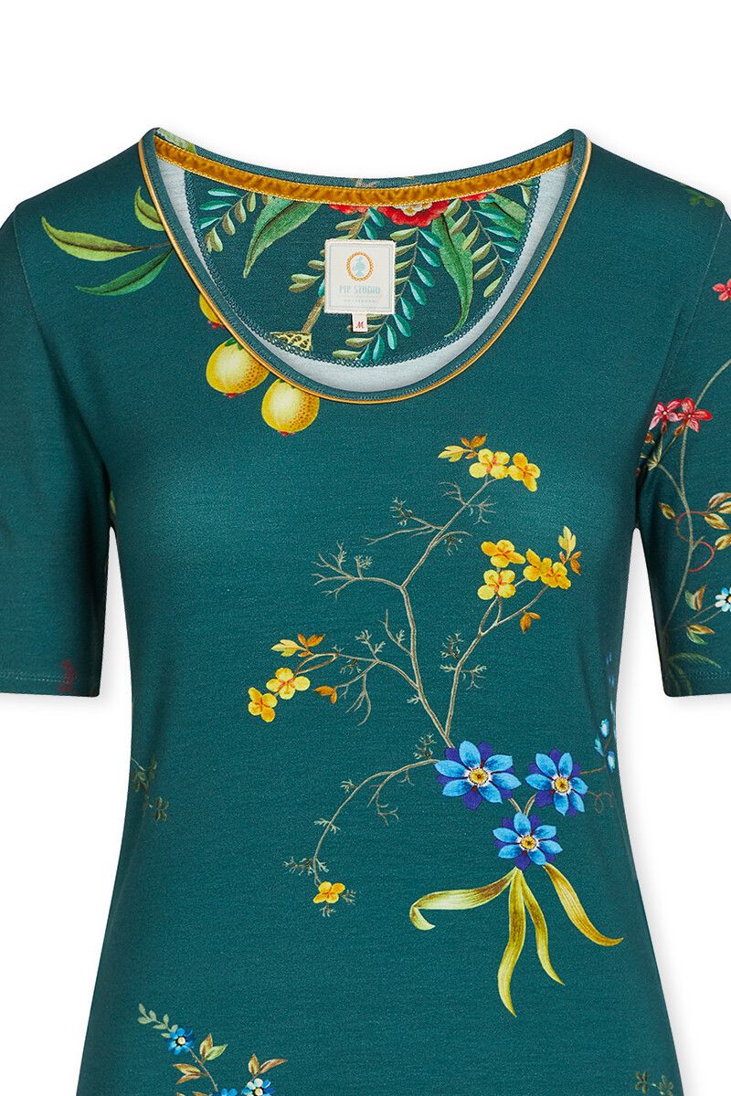 Top Korte Mouw V-hals Fleur Grandeur Groen