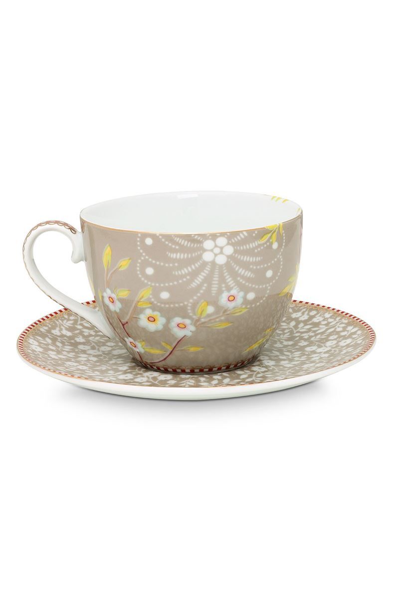 Floral Cappuccino Cup & Saucer Early Bird Khaki