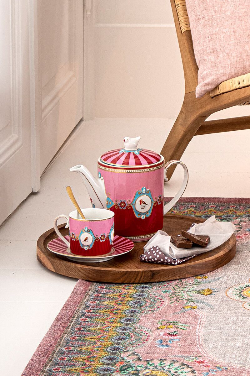 Tasse et Soucoupe à Médaillon Love Birds en Coloris Rouge/Rose