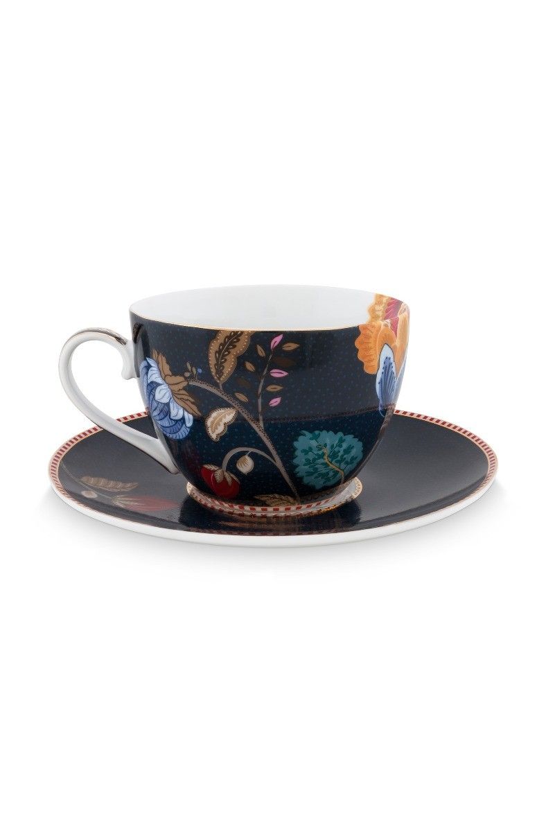 Floral Fantasy Cappuccino Cup & Saucer Denim Blue