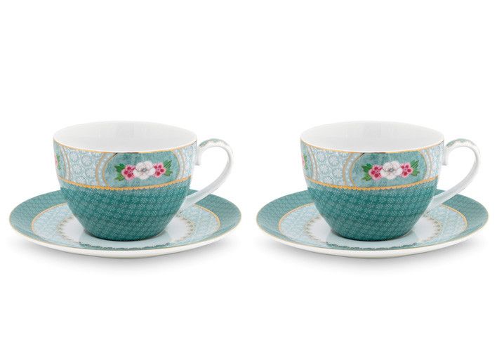 Blushing Birds Set of 2 Cappuccino Cups & Saucers blue